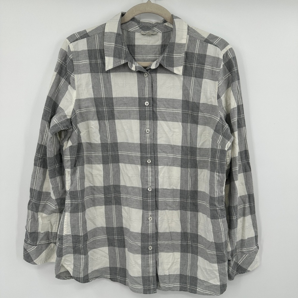 Talbots Women's Plaid Button Down Long Sleeve Shirt Size L Cotton Metallic Blend